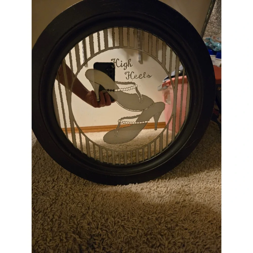 Vintage Round High Heels‎ Etched Wall Mirror Black Frame Art Deco Style Vanity